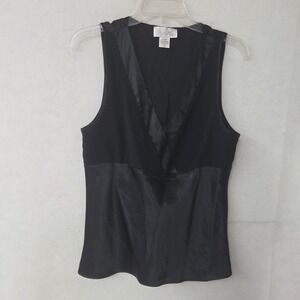 Wondermaid Tank Top Womens M Black Satin Trim V-Neck Sleeveless Mixed Media Vtg
